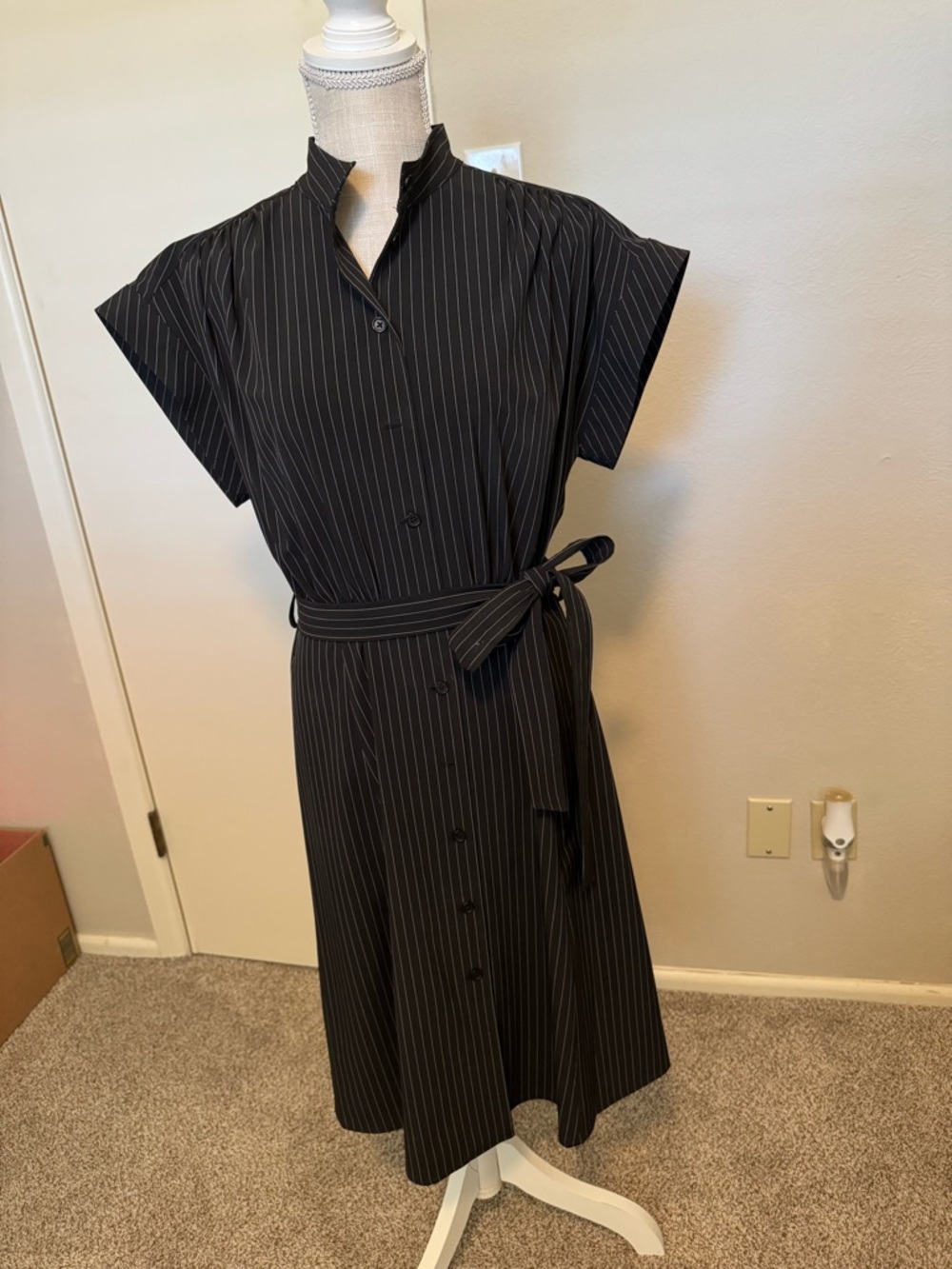 Calvin Klein Black Pinstripe Shirt Midi Dress with Tie Waist